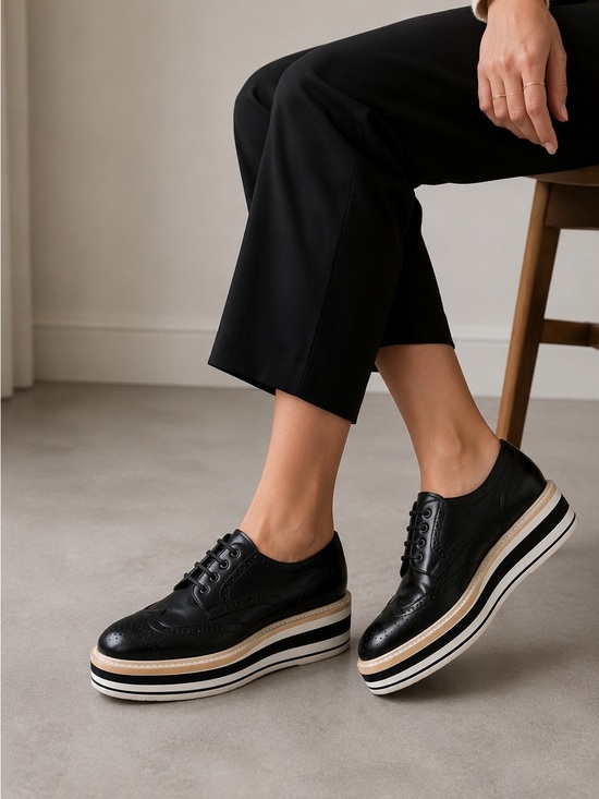 Prada Shoes - Prada Spazzolato Leather Platform Brogues 36 Black Wingtip Derby Elevated Sole